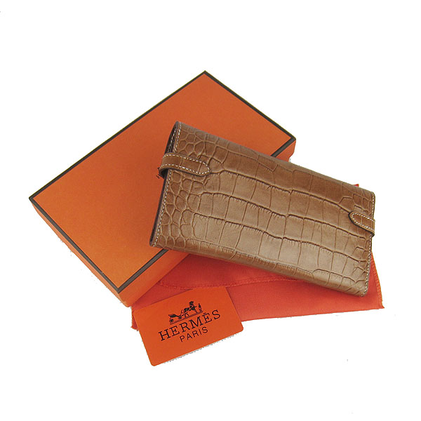 High Quality Hermes Kelly Crocodile Veins Long Clutch Bag Light Coffee H009 Replica